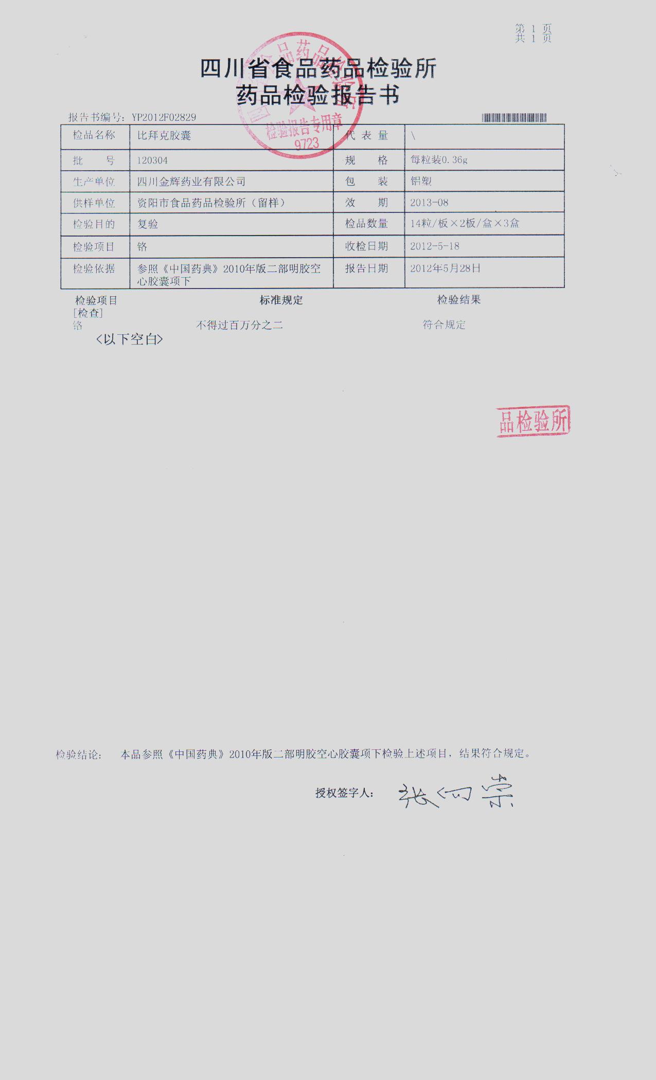 依法定程序对比拜克胶囊(批号120304)申请四川省食品药品检验所复验
